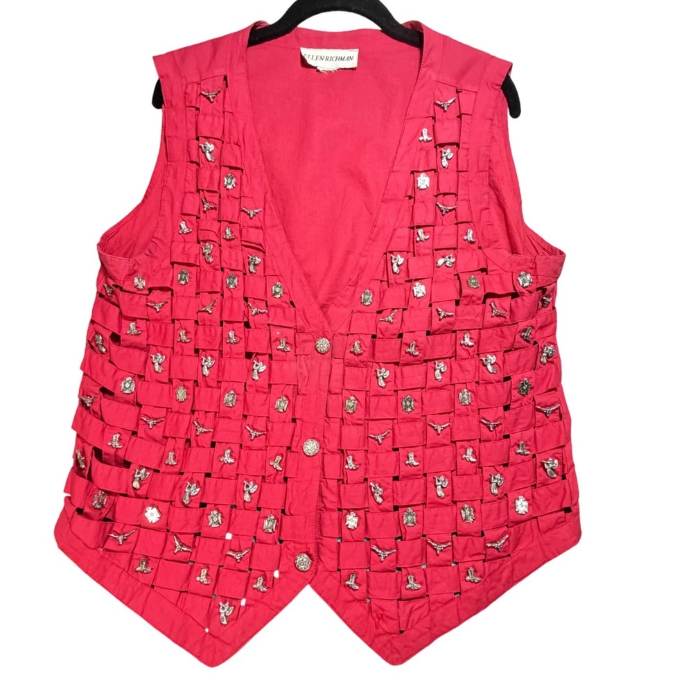 EllenVintage Red Woven Vest Western Charms Longhorn Cowboy Boot L Rodeo Festive - Picture 2 of 10